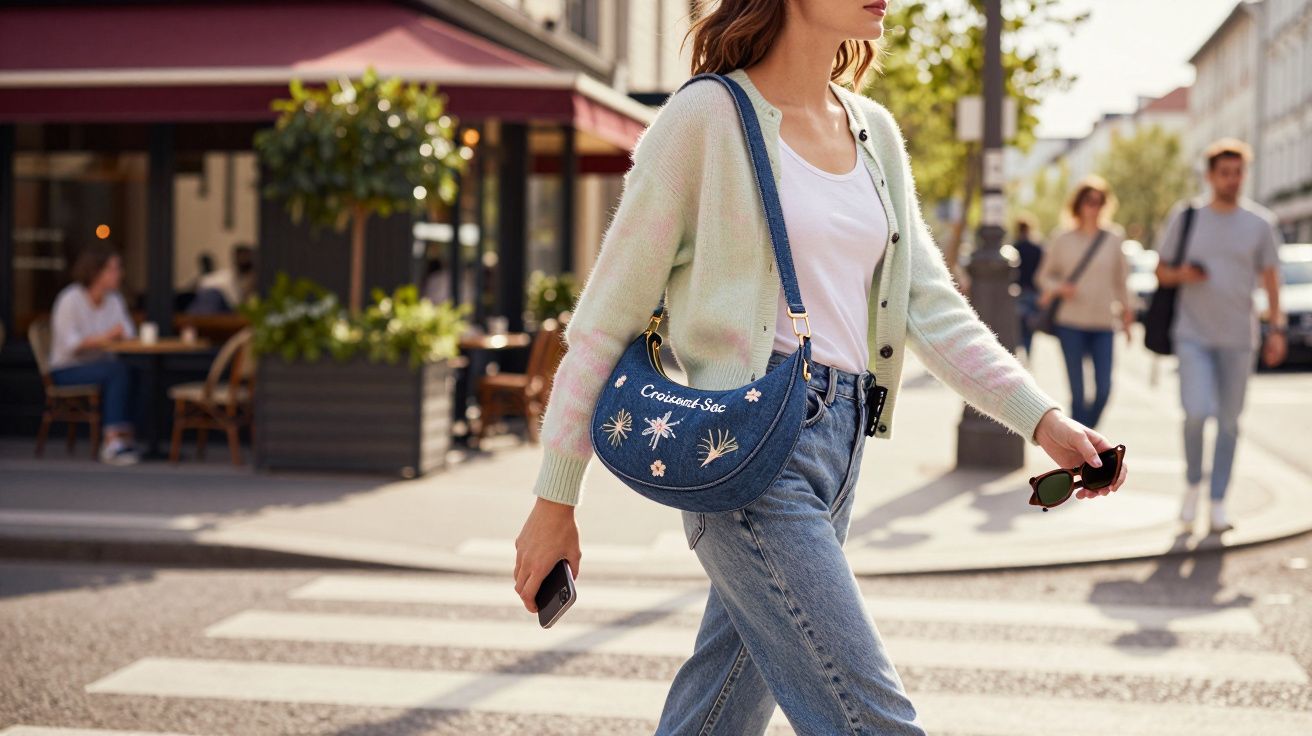 Mulher atravessando a rua com bolsa azul jeans, segurando celular e óculos de sol na mão.