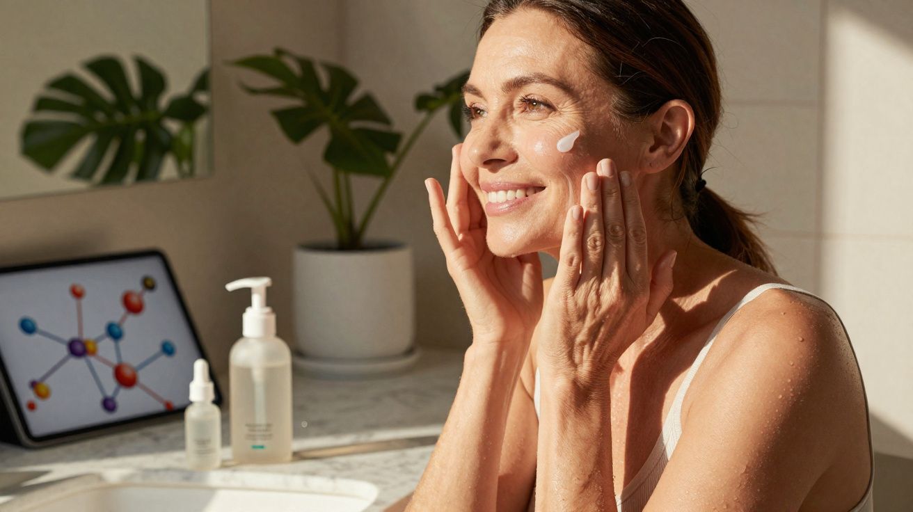 Mulher aplicando creme facial em banheiro iluminado com produtos de skincare e planta ao fundo.