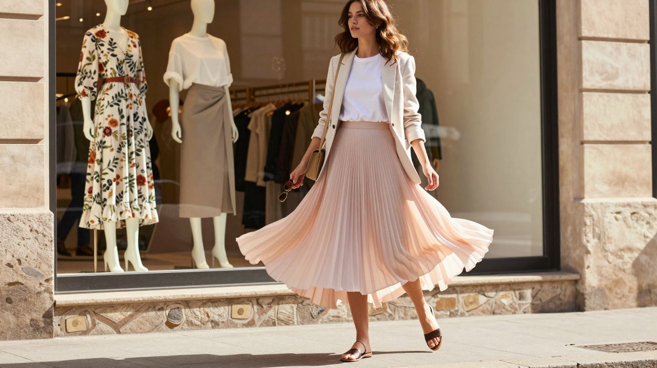 Mulher caminhando com saia plissada rosa e blazer branco em frente a vitrine de roupas femininas.