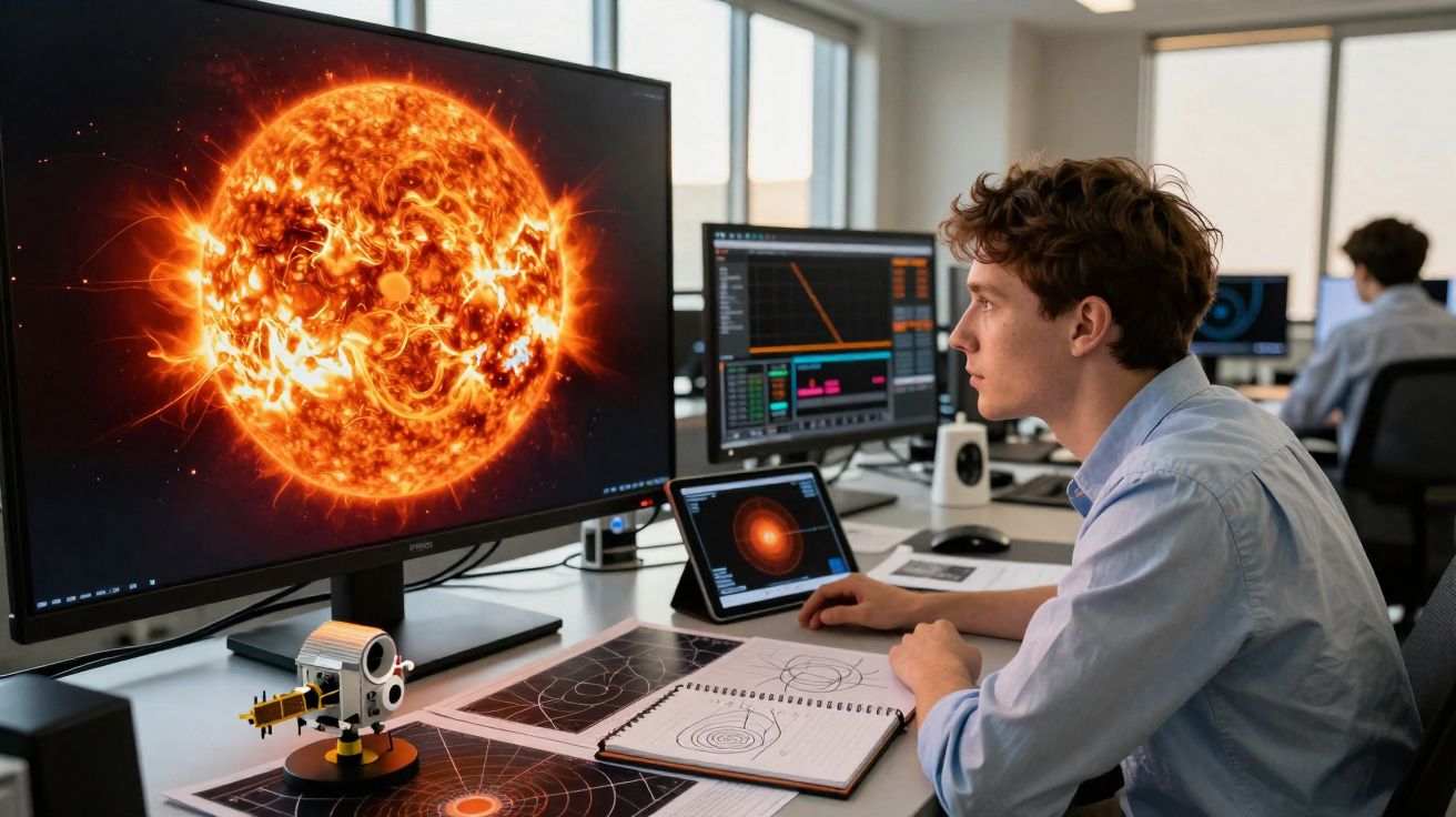 Jovem analisa imagem detalhada do sol em computadores em ambiente de trabalho tecnológico.