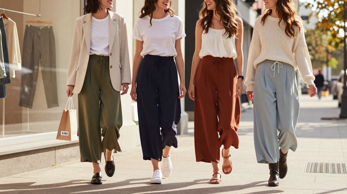 Quatro mulheres caminhando na rua com roupas casuais e calças largas em cores diferentes.