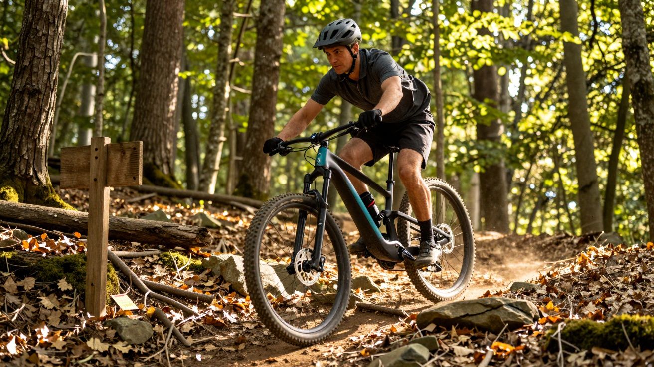 Homem com capacete pedalando mountain bike em trilha de floresta com folhas secas no chão.