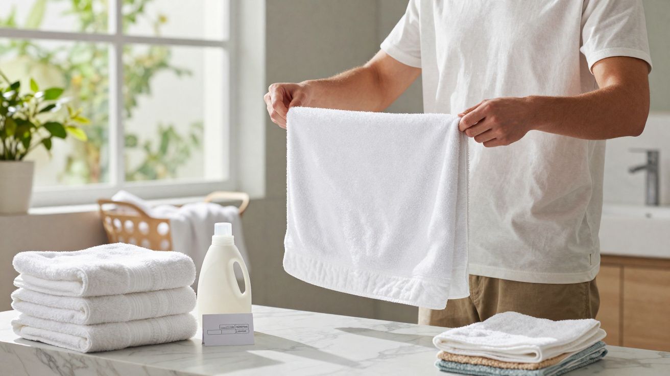 Pessoa segurando uma toalha branca em ambiente claro com toalhas e produto de limpeza sobre bancada.