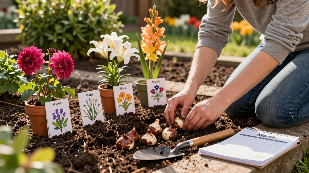 Pessoa plantando bulbos de flores na terra com etiquetas e um calendário ao lado.