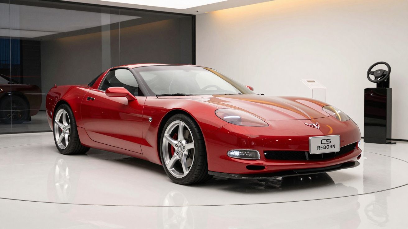 Carro esportivo vermelho Corvette C5 Reborn em exposição em ambiente interno moderno.
