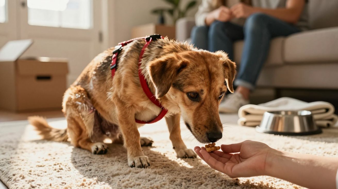 Cachorro marrom usando coleira vermelha comendo petisco da mão humana em tapete na sala.