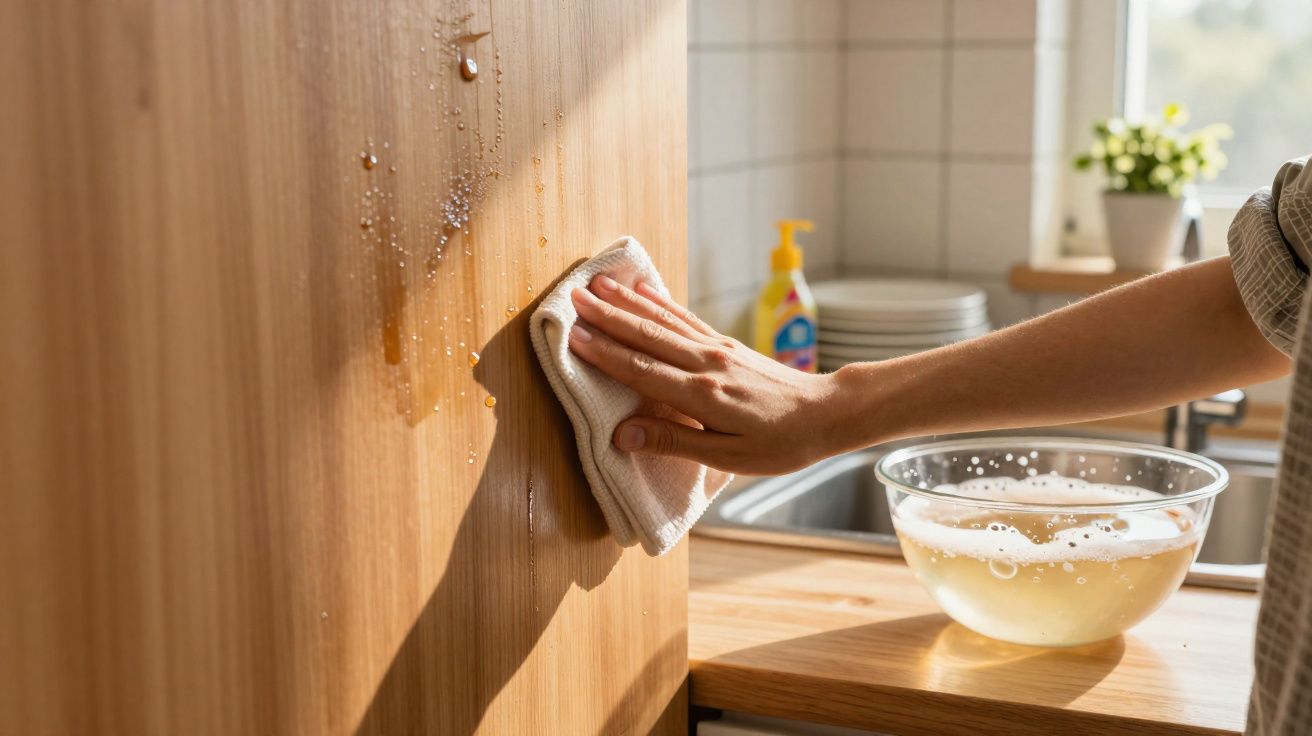 Pessoa limpando parede de madeira na cozinha com pano branco e água em tigela transparente.