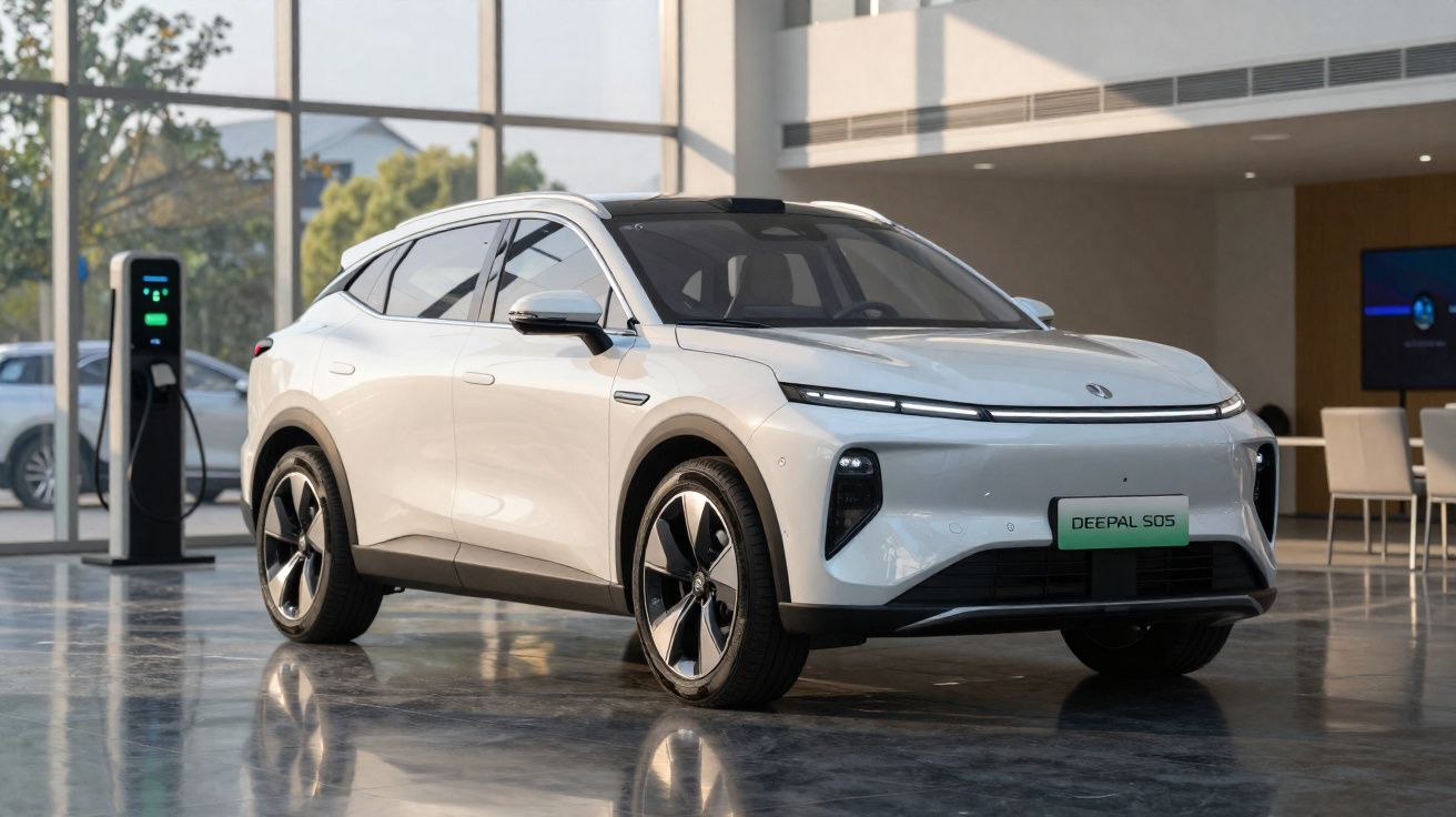 SUV elétrico branco modelo Deepal S05 em showroom moderno com carregador elétrico ao fundo.