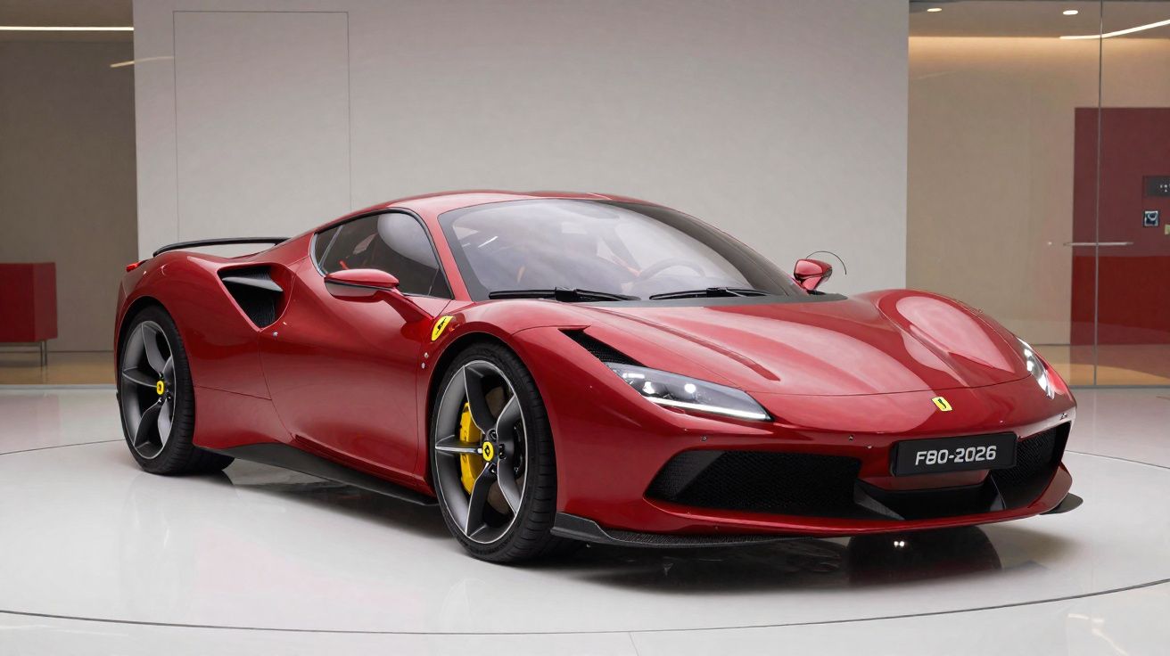 Carro esportivo Ferrari F80-2026 vermelho exibido em ambiente interno minimalista.