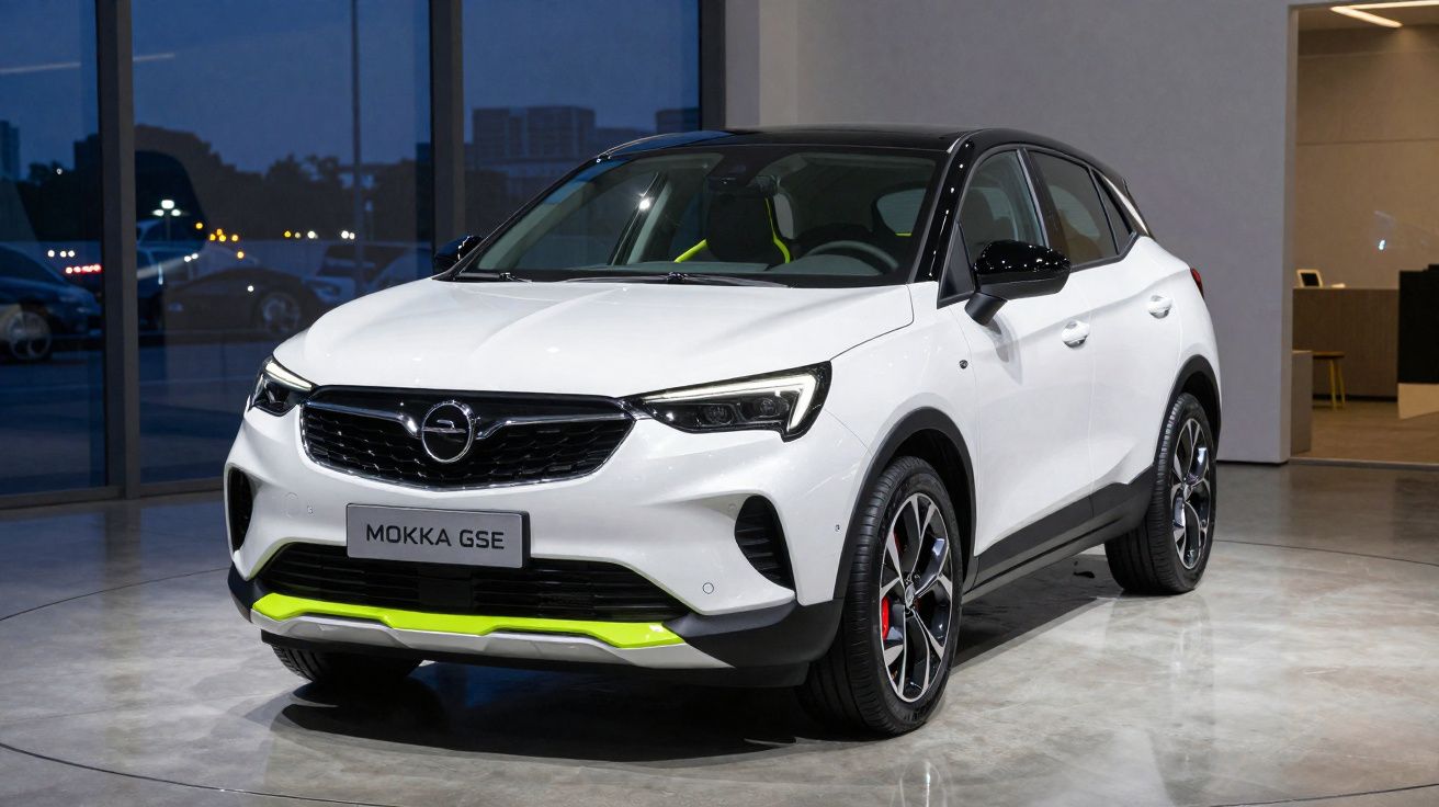 Carro SUV branco Opel Mokka GSE estacionado em showroom moderno à noite.