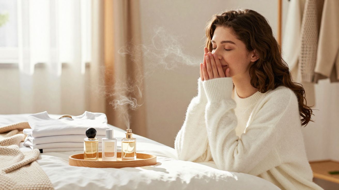 Mulher de suéter branco cheirando perfume em frascos sobre a cama em ambiente iluminado e aconchegante.