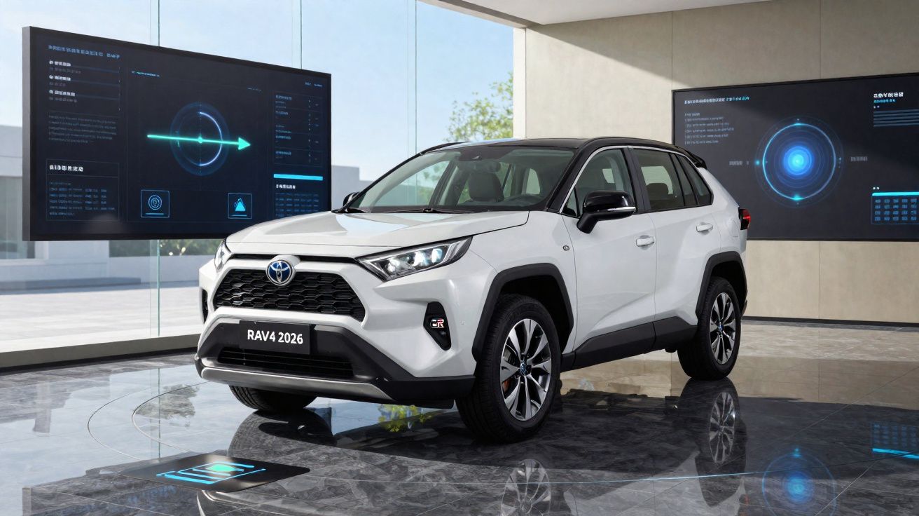 SUV Toyota RAV4 2026 branco exibido em ambiente moderno com telas digitais ao fundo.
