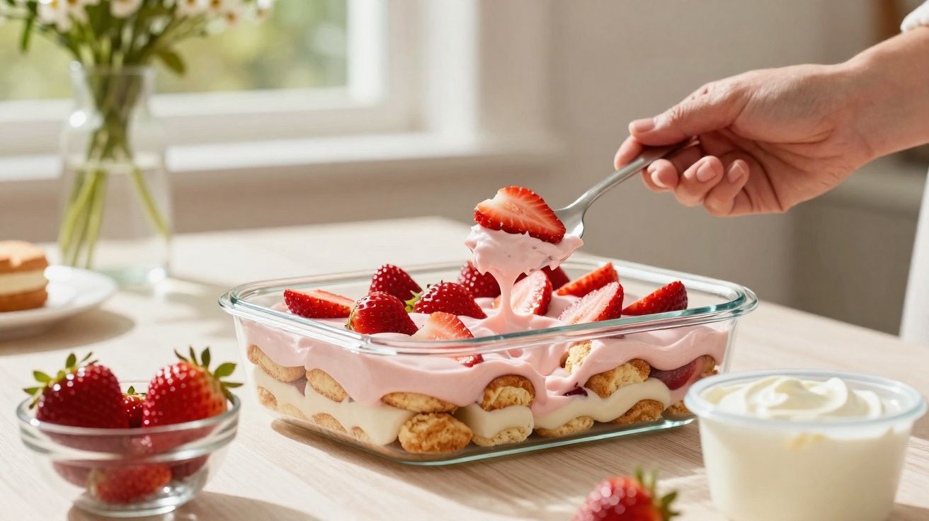 Sobremesa de morango com creme rosa, biscoitos e morangos frescos em mesa iluminada.
