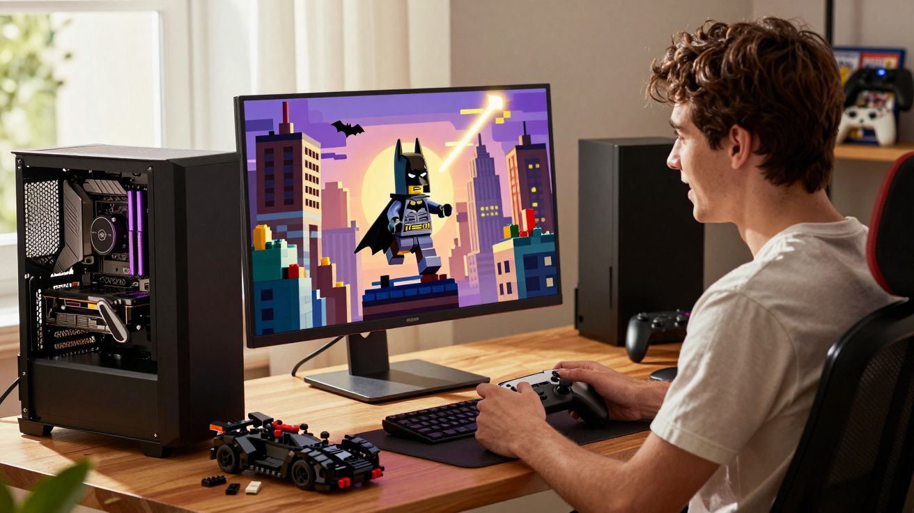 Jovem jogando videogame de Batman Lego em monitor, com PC aberto e controle nas mãos.