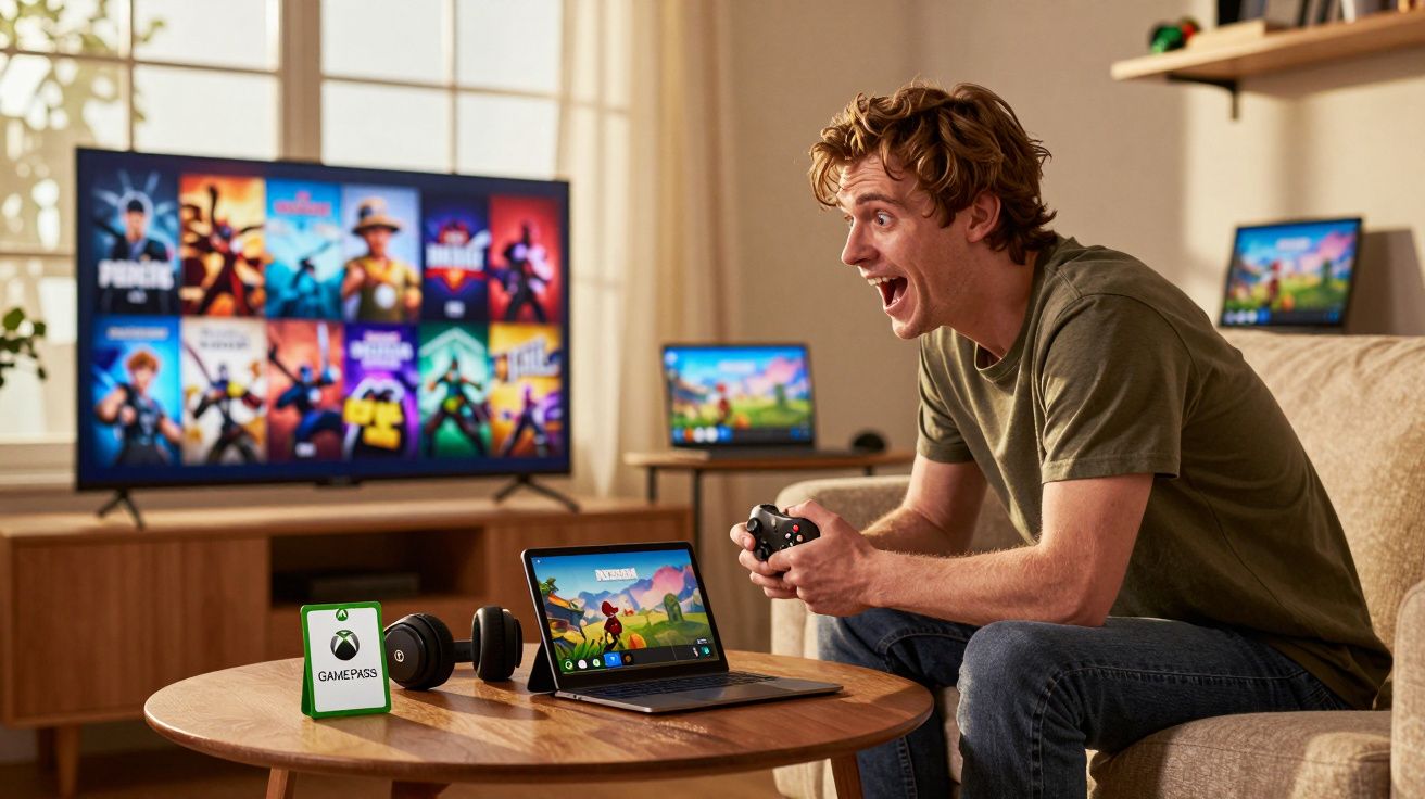 Jovem entusiasmado joga videogame em casa com controle, TV e laptop exibindo jogos Xbox Game Pass.