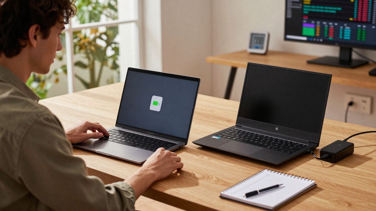 Homem sentado em mesa de madeira com dois laptops, um carregando, e caderno com caneta ao lado.