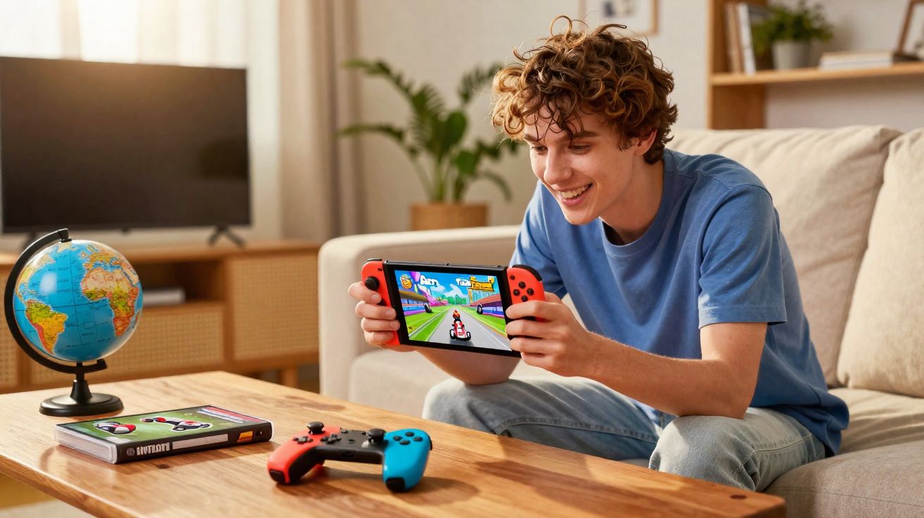 Jovem sorridente joga videogame portátil sentado no sofá da sala com controle e globo na mesa de madeira.