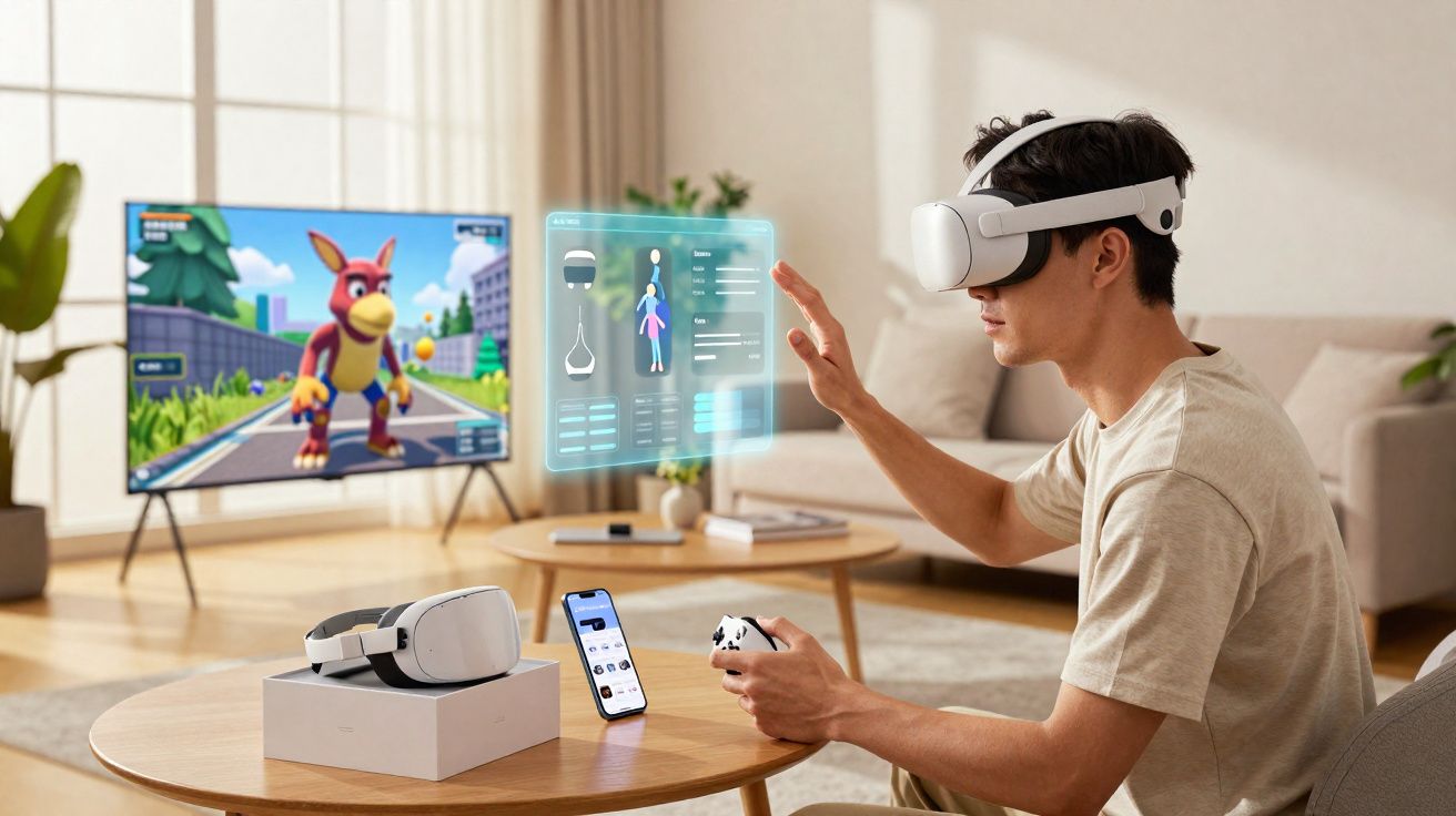 Homem usando óculos de realidade virtual interagindo com holograma em sala com videogame ligado na TV.