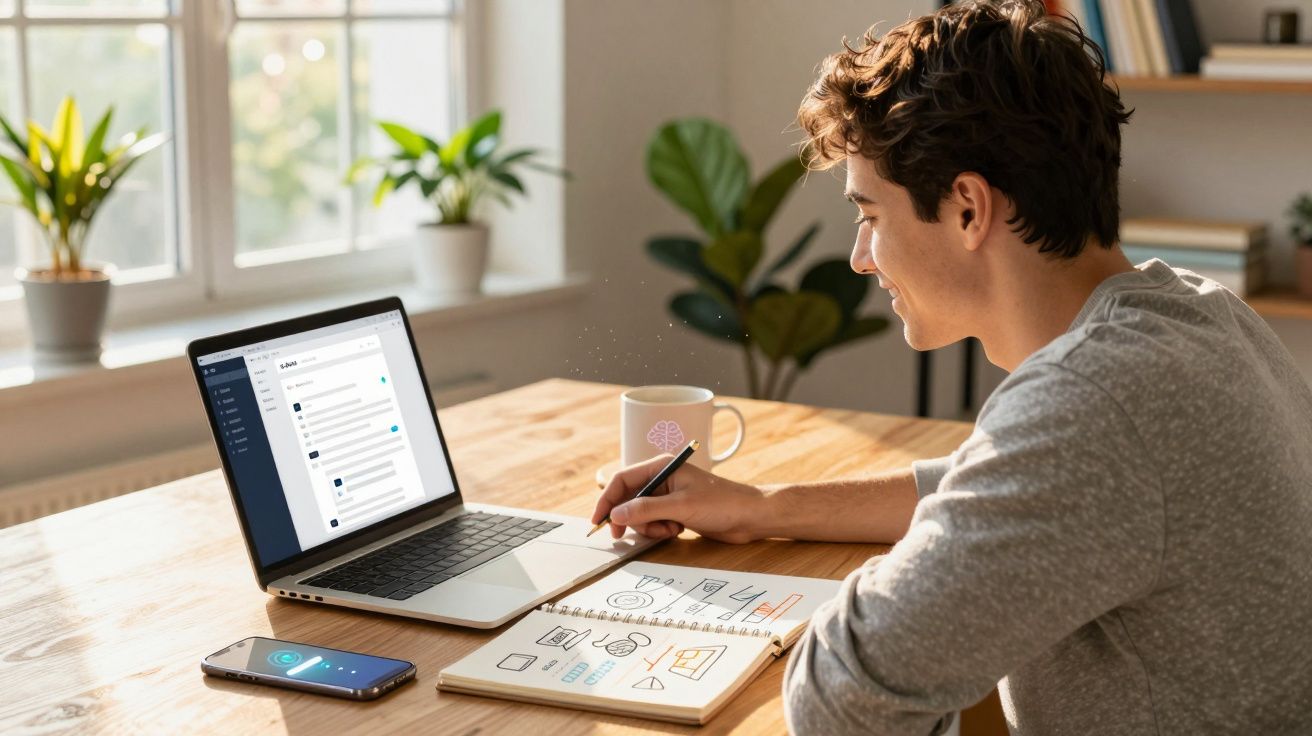 Jovem sentado em mesa escrevendo em caderno com laptop e celular ao lado, em ambiente iluminado e plantas ao fundo.