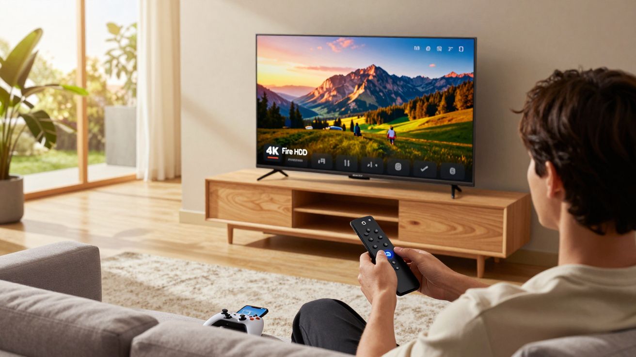 Pessoa assistindo TV 4K em sala iluminada, segurando controle remoto sentado no sofá.