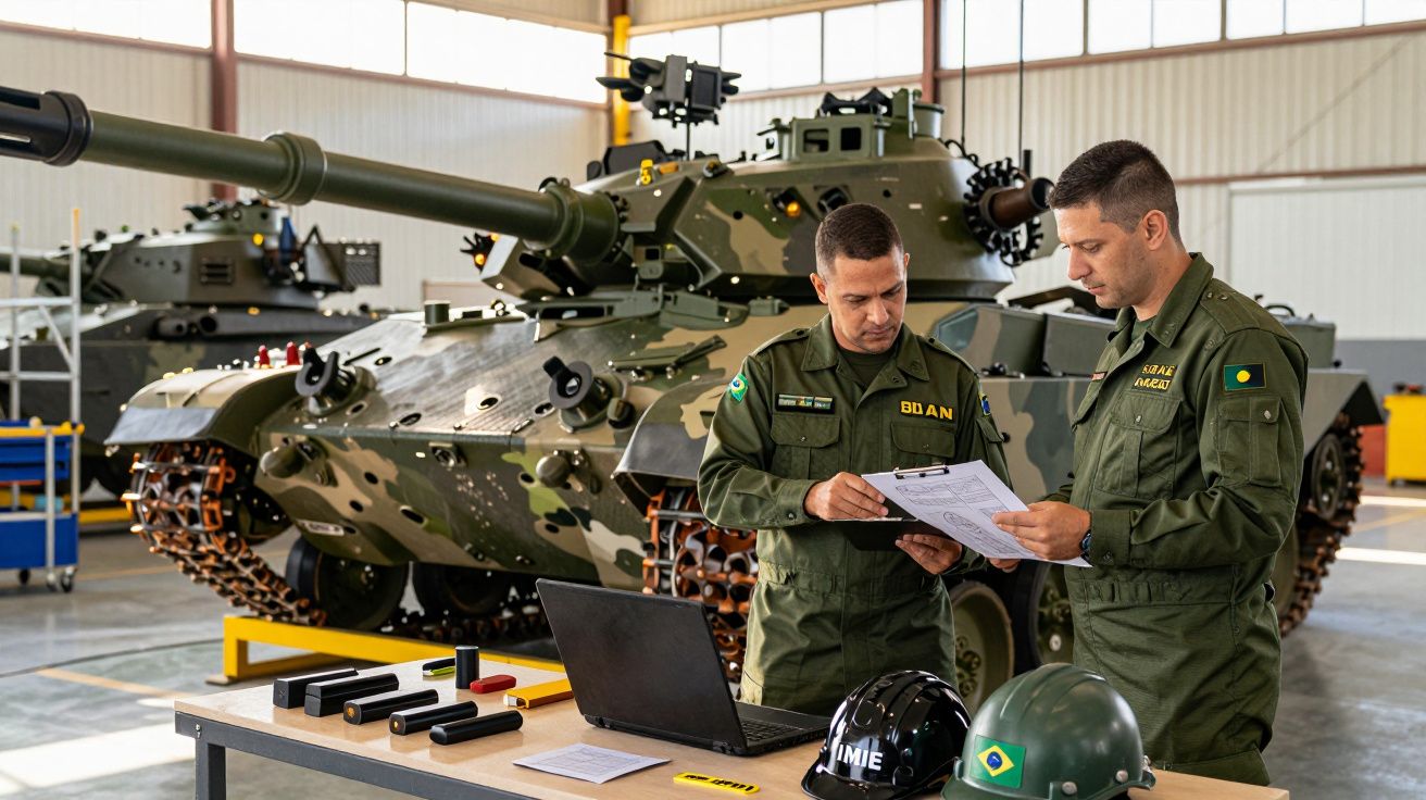 Dois militares em uniforme verde analisam documentos em frente a um tanque de guerra em galpão.