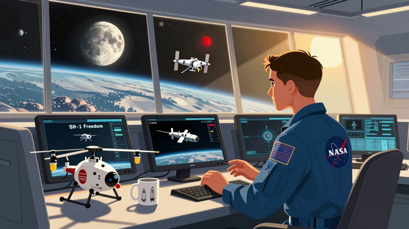 Astronauta observando telas com imagens de satélites e a Terra vista do espaço em ambiente de controle.