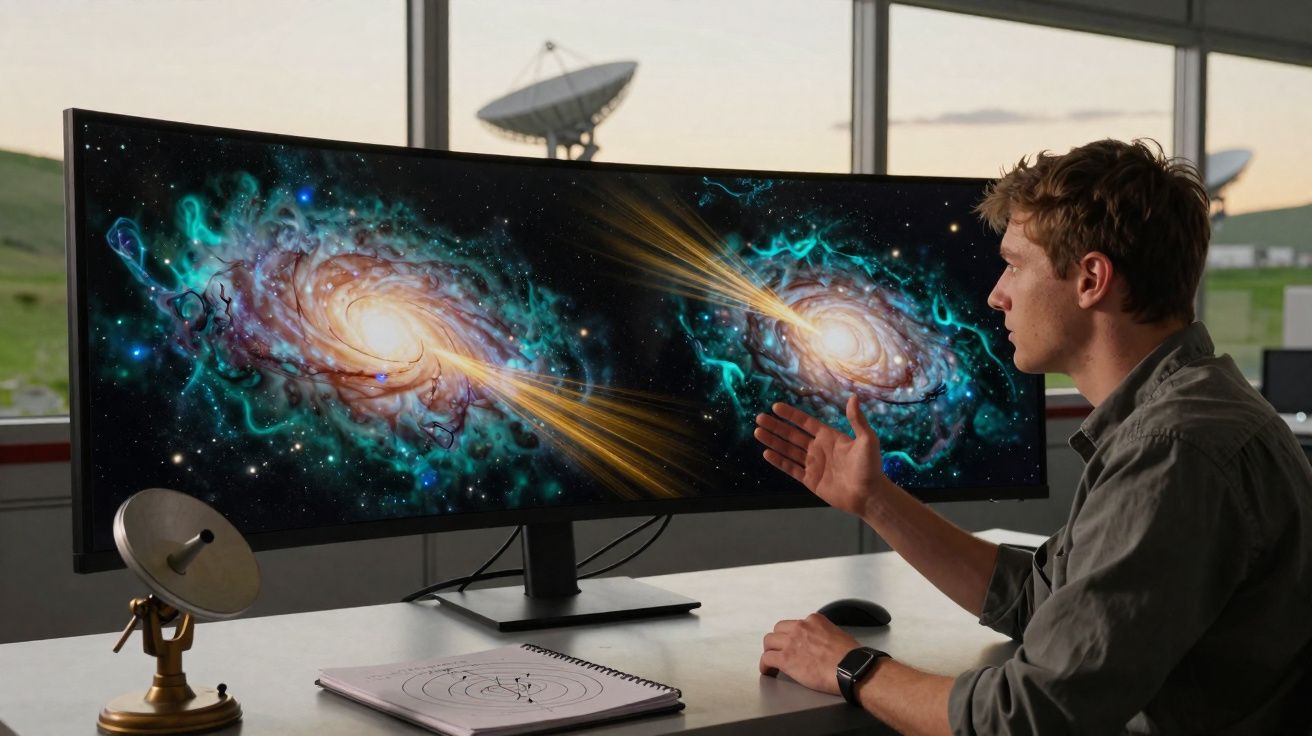 Homem analisando imagens digitais de galáxias emitindo jatos luminosos em monitor ultra-wide.