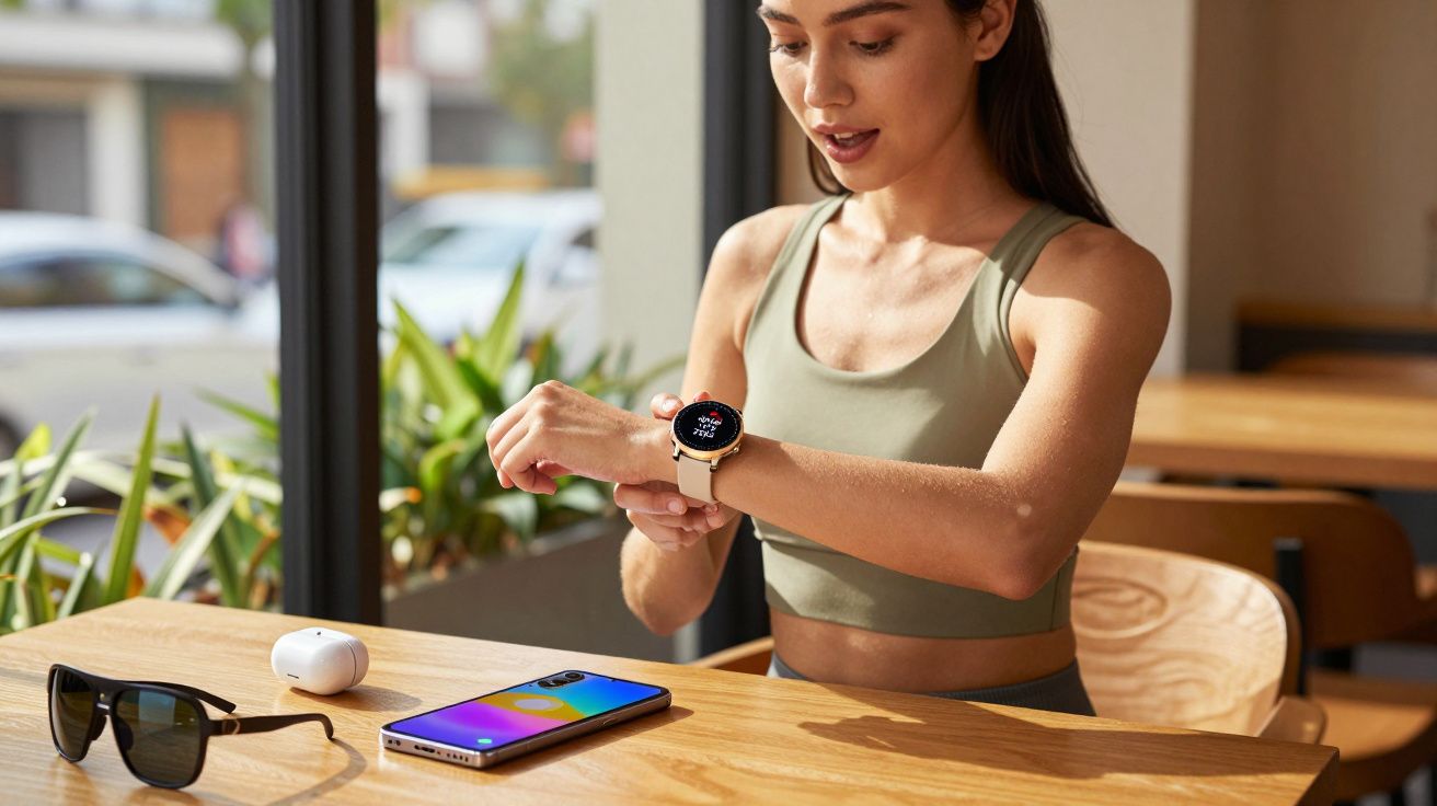 Mulher vestindo roupa esportiva conferindo relógio inteligente sentada à mesa com celular, óculos e fone.