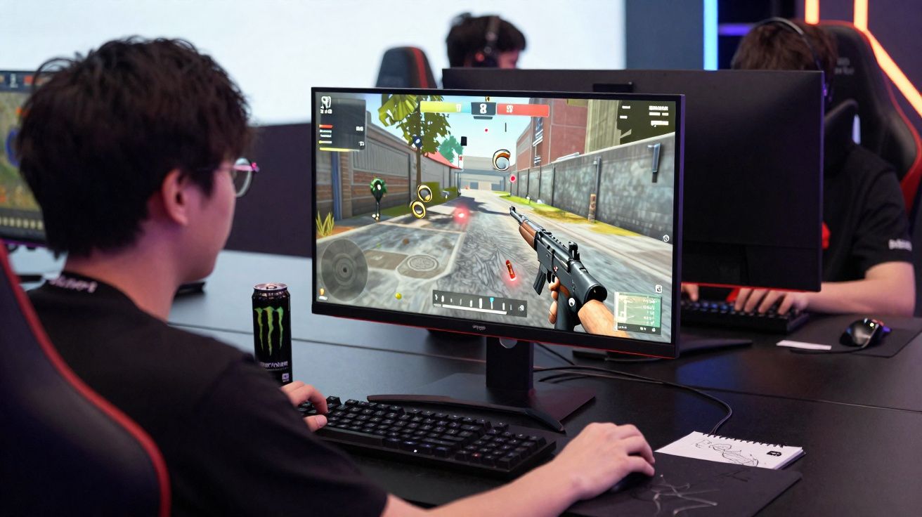 Pessoa jogando jogo de tiro em primeira pessoa em computador com monitor widescreen em ambiente de competição.