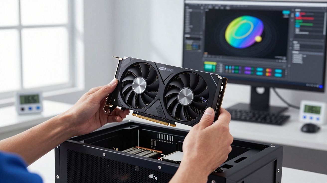 Pessoa segurando placa de vídeo para instalação em gabinete de computador com monitor ao fundo.