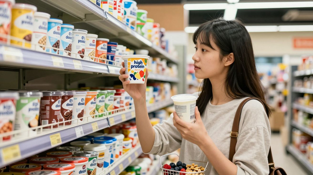 Mulher jovem segurando iogurte em corredor de supermercado com prateleiras cheias de produtos.