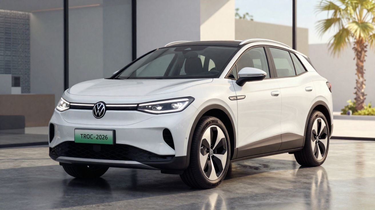 Carro elétrico Volkswagen TROC 2026 branco estacionado em ambiente urbano moderno com palmeira ao fundo.