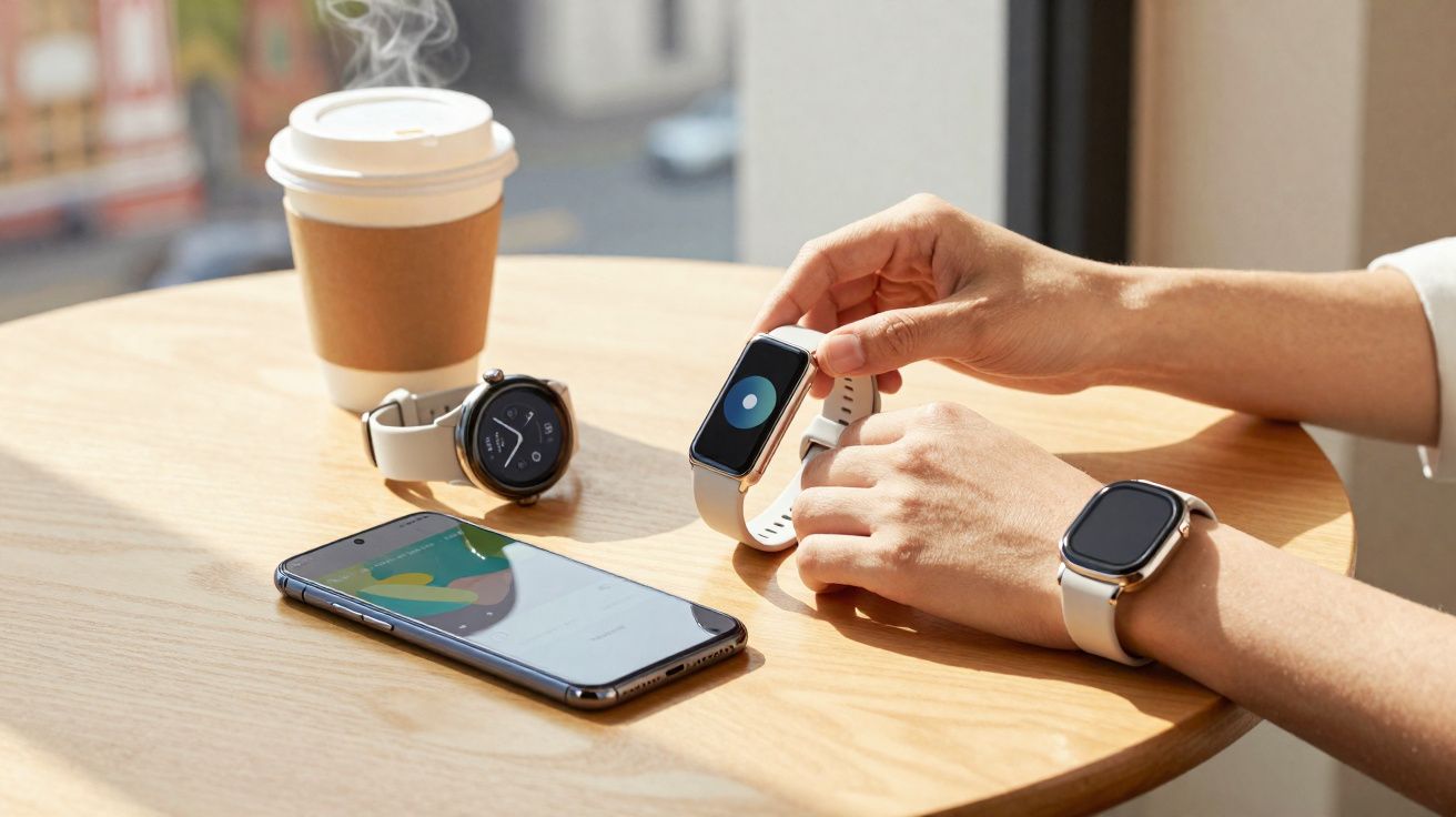 Mesa com café, dois relógios inteligentes, um celular e pessoa ajustando smartwatch no pulso.