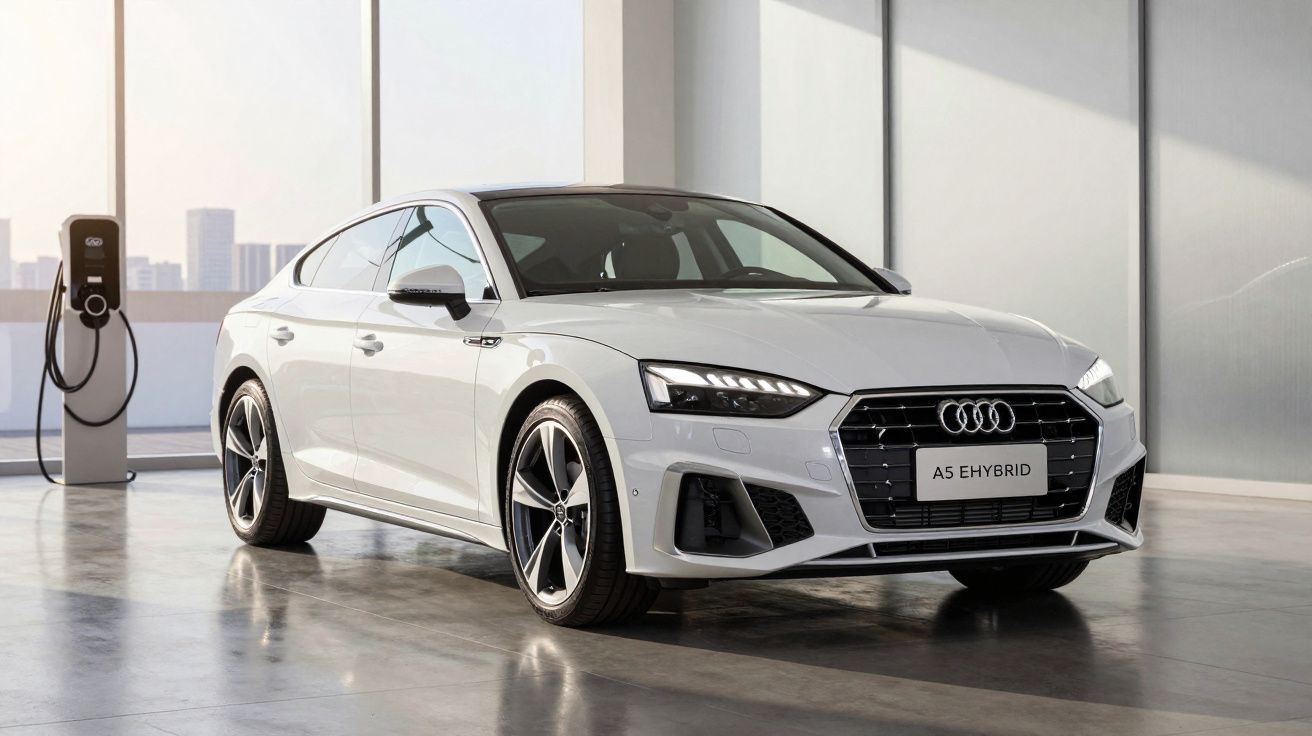 Carro Audi A5 eHybrid branco estacionado em ambiente interno próximo a estação de recarga elétrica.