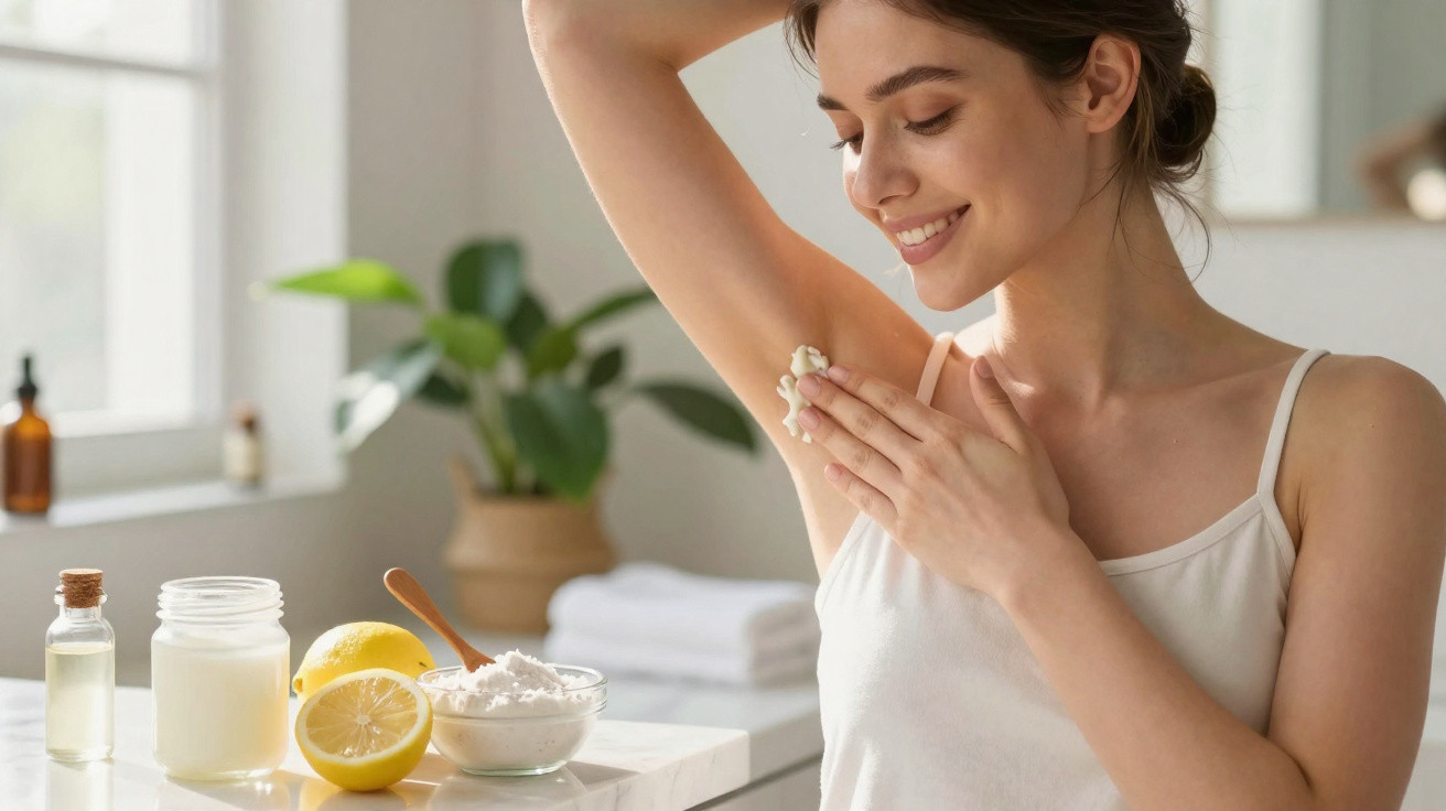 Mulher aplicando desodorante natural caseiro em casa com ingredientes na bancada.