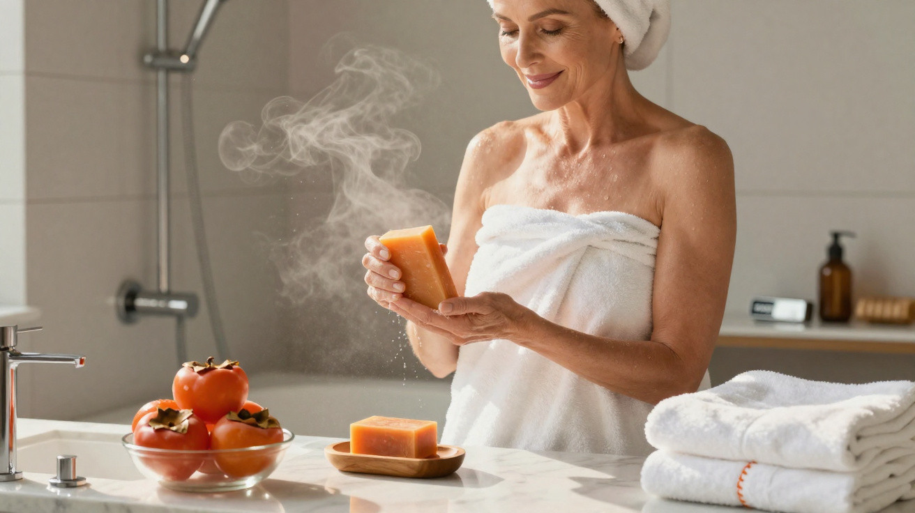 Mulher com toalha no corpo segura sabonete em barra em banheiro iluminado, persimmons em recipiente e toalhas dobradas.