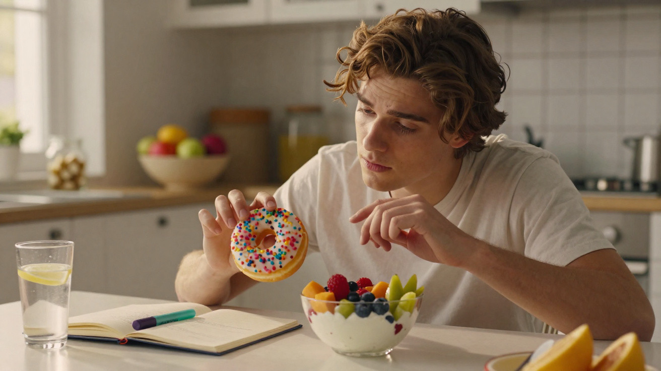 Jovem sentado à mesa, olha para rosquinha colorida enquanto segura, com tigela de frutas à frente.