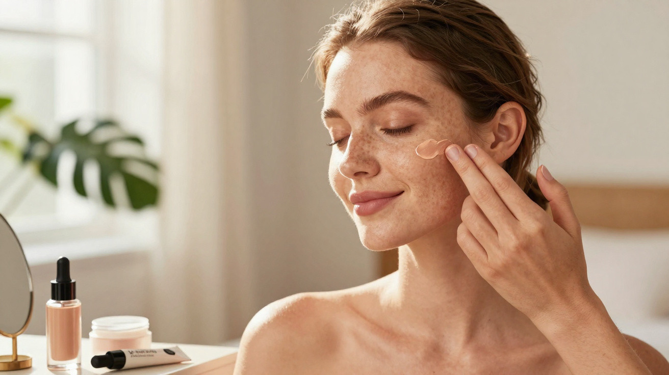 Jovem aplicando creme no rosto em ambiente iluminado, com produtos de beleza ao fundo.