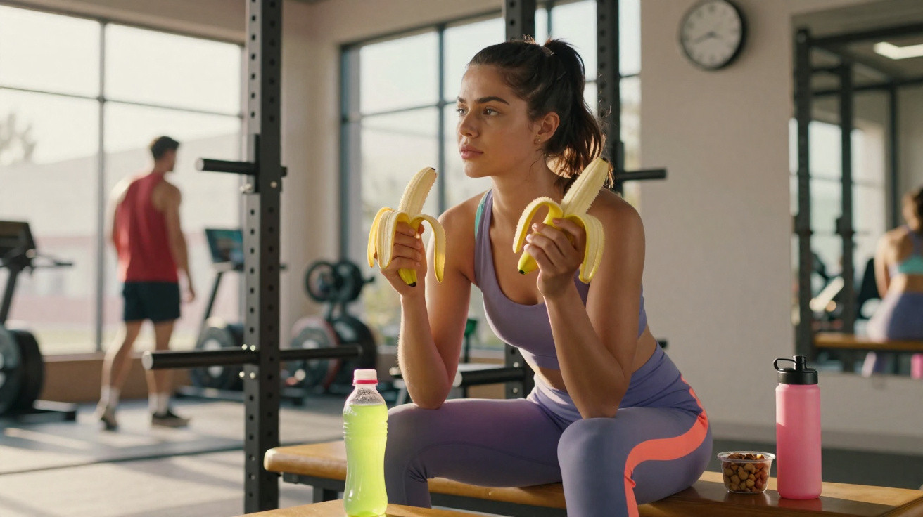 Mulher vestindo roupa esportiva sentada na academia comendo duas bananas descascadas.