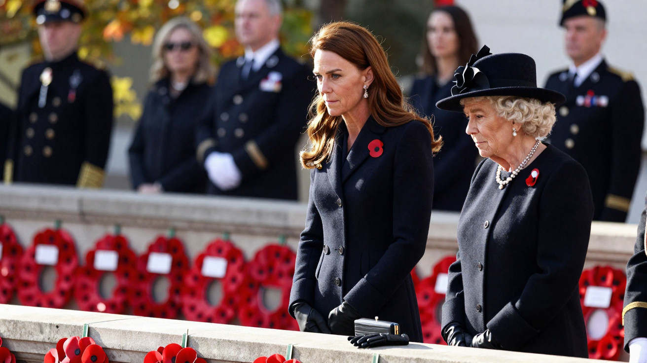 Mulheres vestindo preto com broches vermelhos participam de cerimônia em memorial com coroas de papoulas.