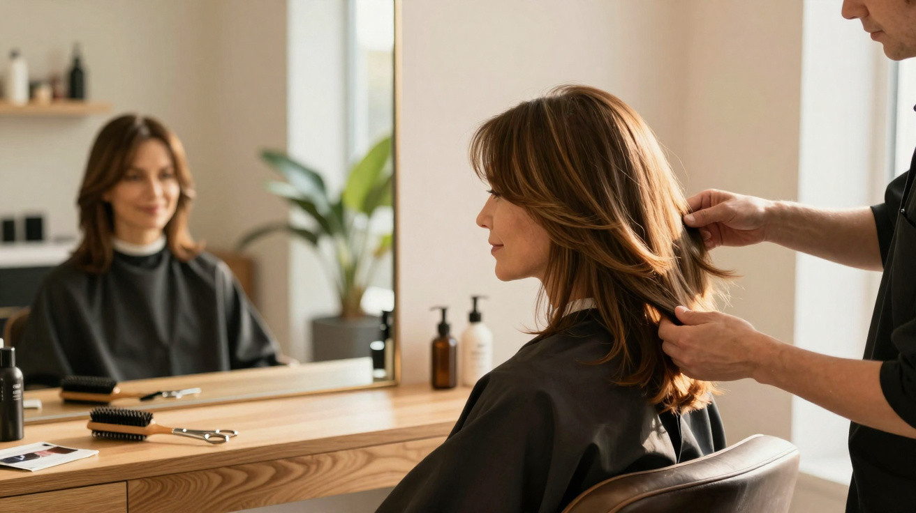 Mulher sentada em cadeira de salão enquanto cabeleireiro arruma seu cabelo castanho médio.