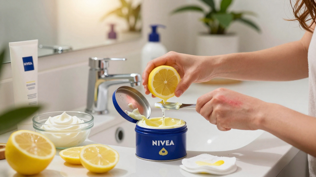 Pessoa espremendo limão em creme Nivea azul em bancada de banheiro com espelho e pia ao fundo.