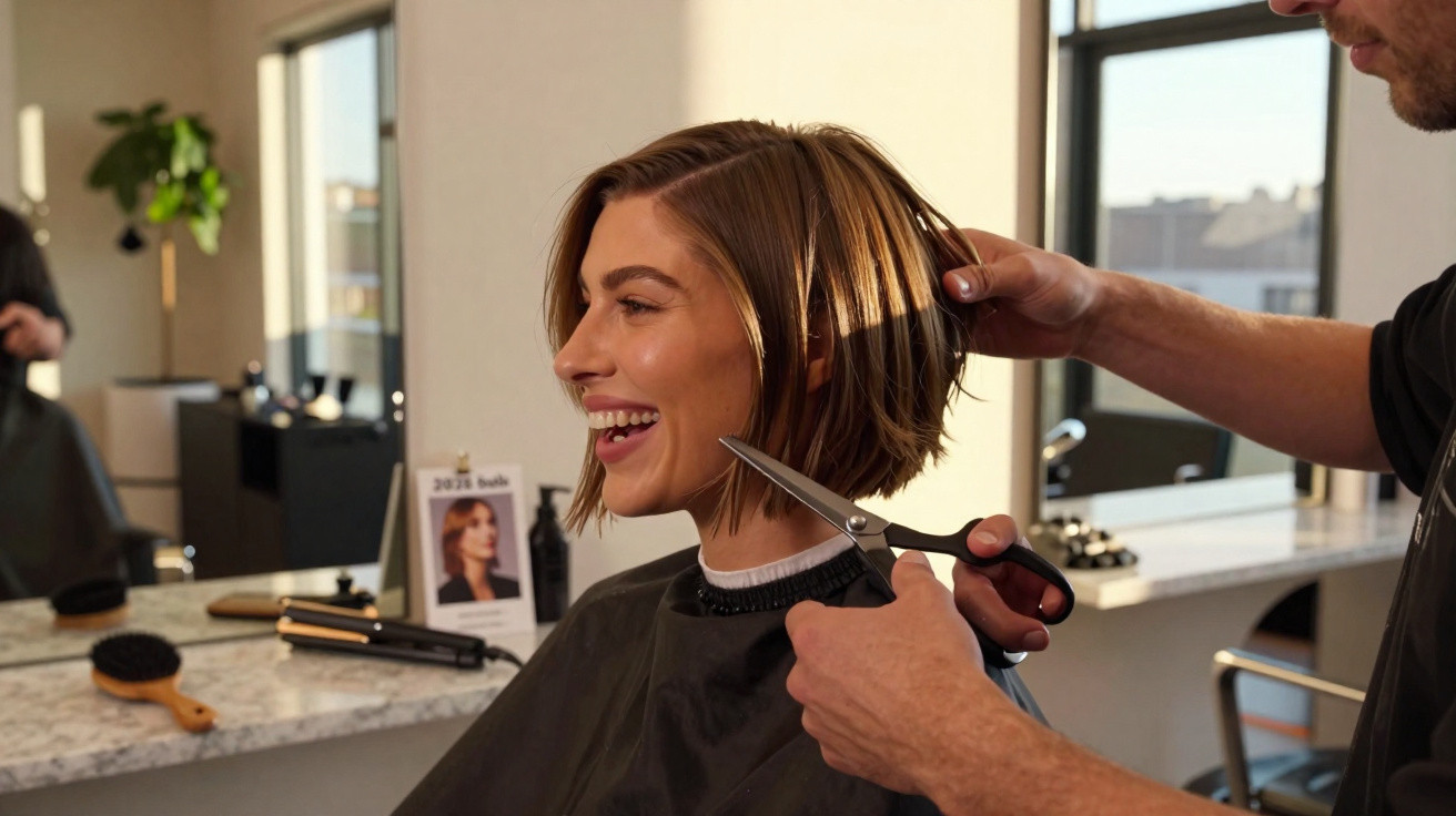Mulher sorridente recebendo corte de cabelo curto em salão moderno com luz natural entrando pela janela.