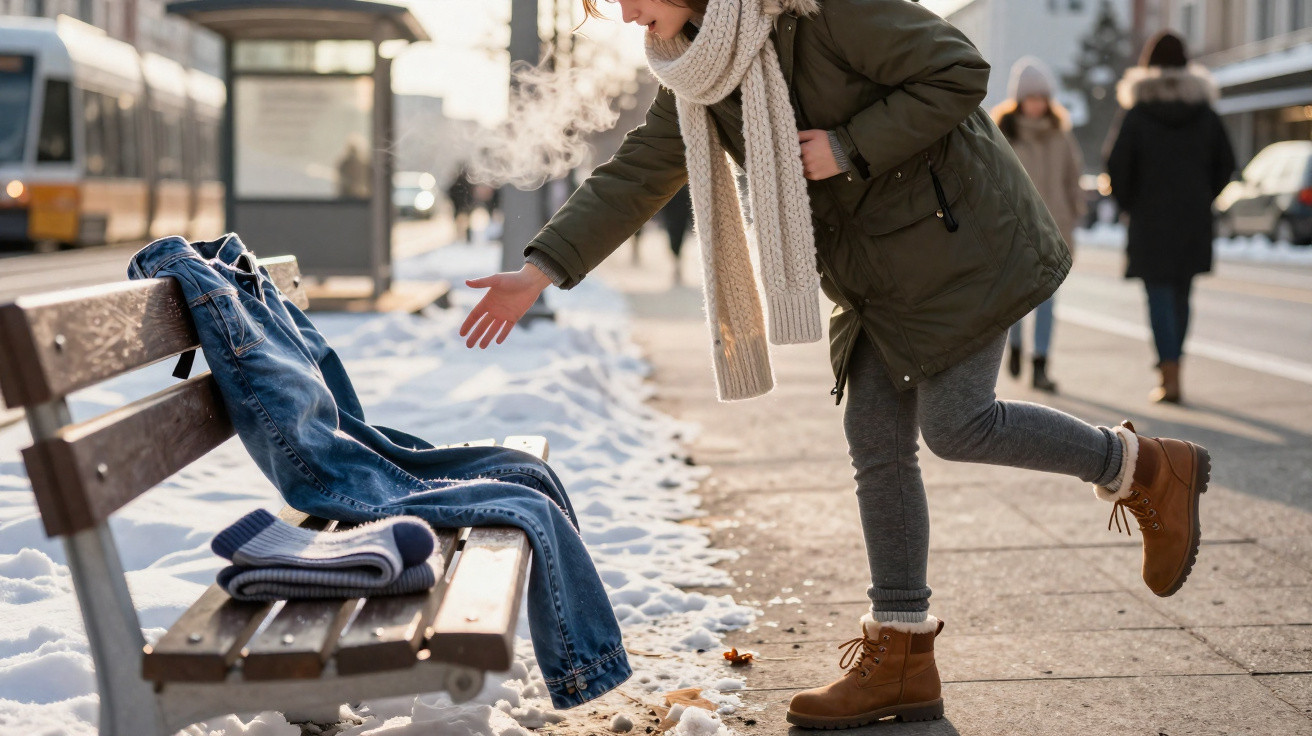Pessoa vestida para o frio tenta pegar uma jaqueta azul deixada em um banco na rua com neve.