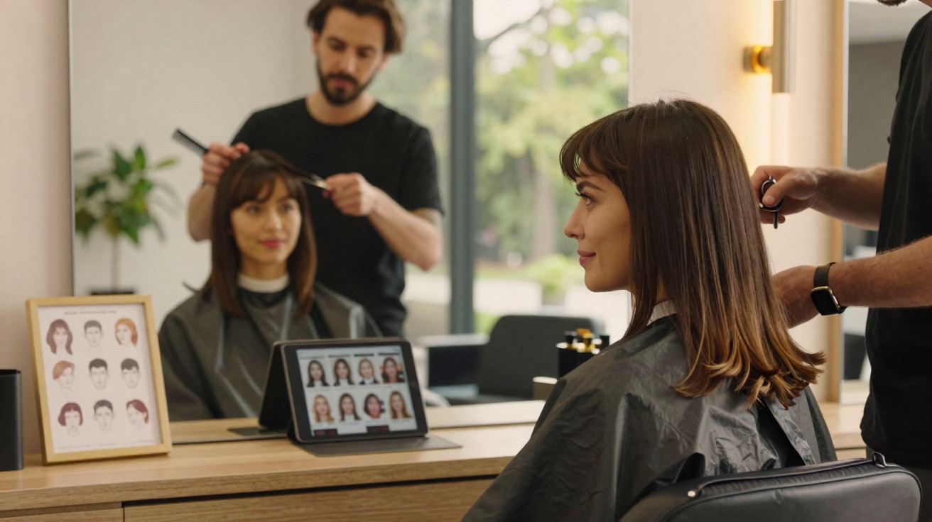 Mulher sentada em salão de beleza tendo cabelo cortado por cabeleireiro, olhando no espelho.