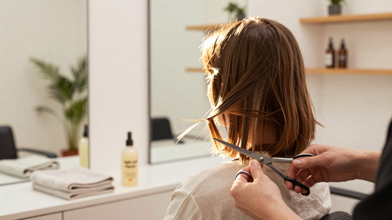 Pessoa de cabelo curto sendo cortado por cabeleireiro em salão com espelho e produtos ao fundo.