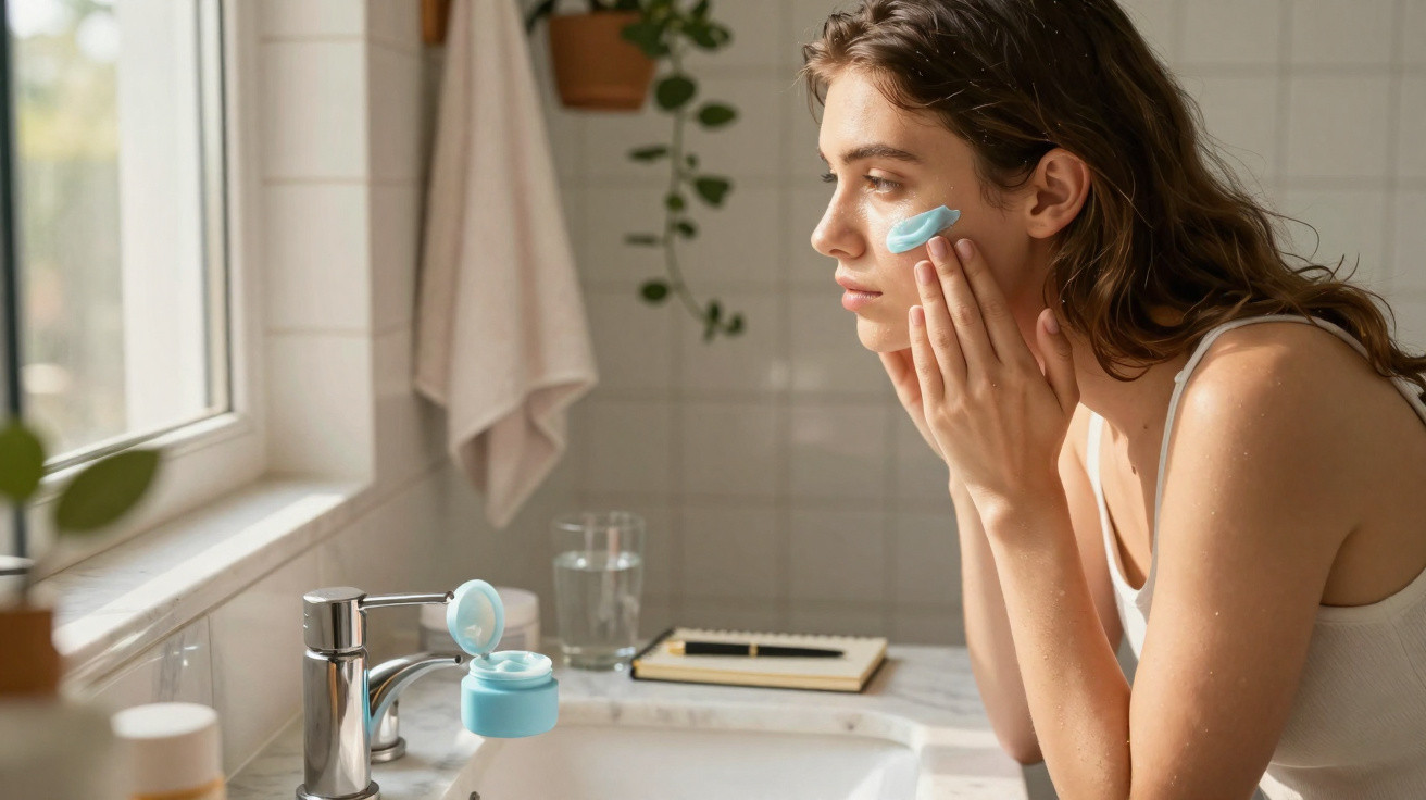 Mulher aplicando creme facial azul no rosto em banheiro iluminado pela janela durante o dia.