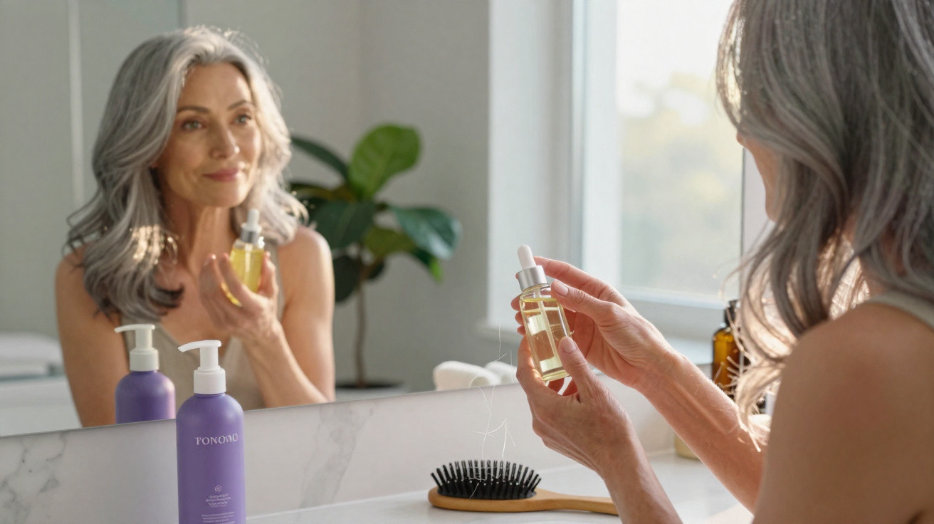 Mulher madura com cabelo grisalho segurando frasco de sérum facial diante do espelho no banheiro.