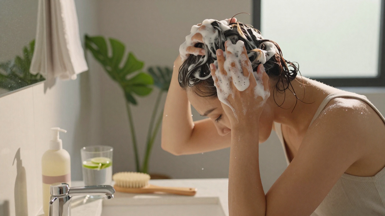 Mulher lavando o cabelo com shampoo durante o banho em banheiro iluminado pela luz natural.
