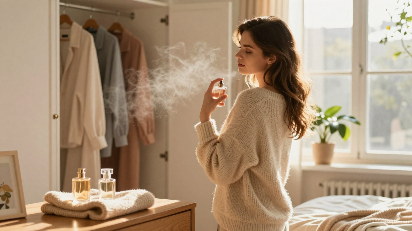 Mulher passando perfume em um quarto iluminado pelo sol com roupas penduradas no armário ao fundo.